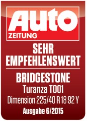 Opona Bridgestone Turanza T001 wyróżniona w testach Auto Zeitung
